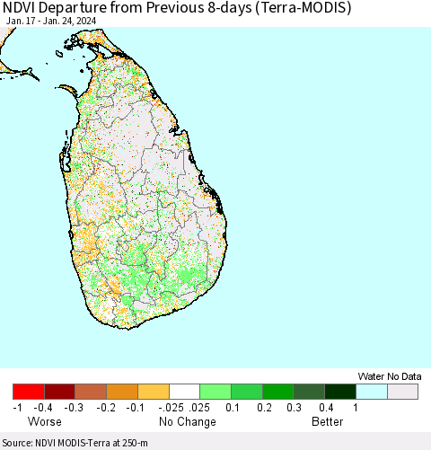 Sri Lanka NDVI Departure from Previous 8-days (Terra-MODIS) Thematic Map For 1/17/2024 - 1/24/2024