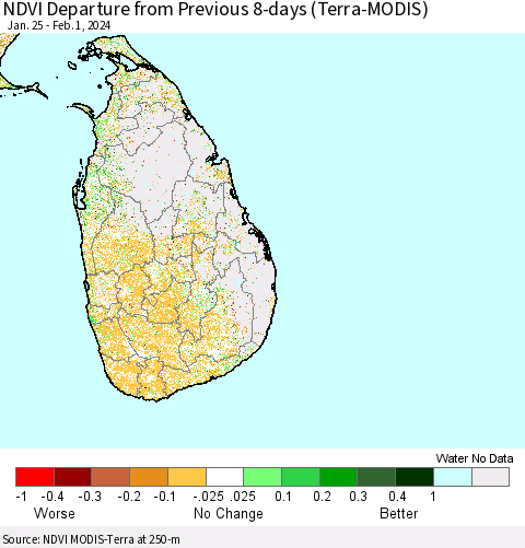 Sri Lanka NDVI Departure from Previous 8-days (Terra-MODIS) Thematic Map For 1/25/2024 - 2/1/2024