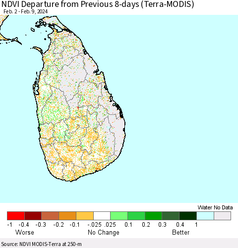 Sri Lanka NDVI Departure from Previous 8-days (Terra-MODIS) Thematic Map For 2/2/2024 - 2/9/2024