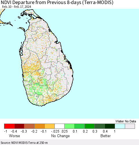 Sri Lanka NDVI Departure from Previous 8-days (Terra-MODIS) Thematic Map For 2/10/2024 - 2/17/2024
