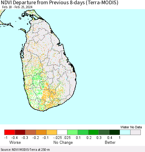 Sri Lanka NDVI Departure from Previous 8-days (Terra-MODIS) Thematic Map For 2/18/2024 - 2/25/2024