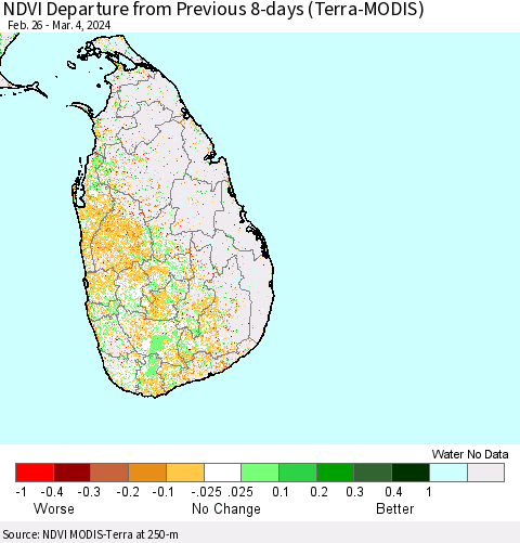 Sri Lanka NDVI Departure from Previous 8-days (Terra-MODIS) Thematic Map For 2/26/2024 - 3/4/2024
