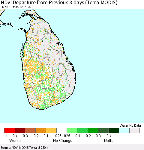 Sri Lanka NDVI Departure from Previous 8-days (Terra-MODIS) Thematic Map For 3/5/2024 - 3/12/2024