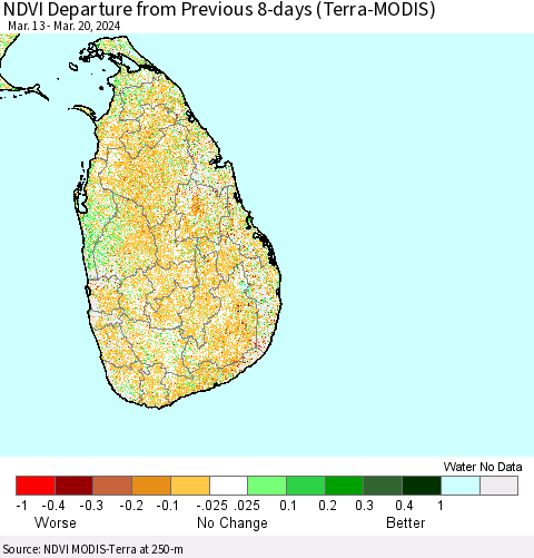 Sri Lanka NDVI Departure from Previous 8-days (Terra-MODIS) Thematic Map For 3/13/2024 - 3/20/2024
