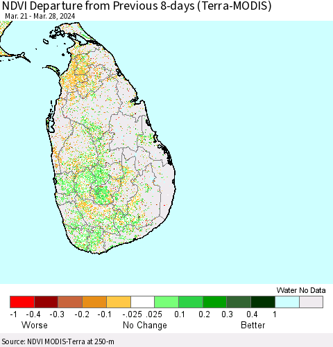 Sri Lanka NDVI Departure from Previous 8-days (Terra-MODIS) Thematic Map For 3/21/2024 - 3/28/2024