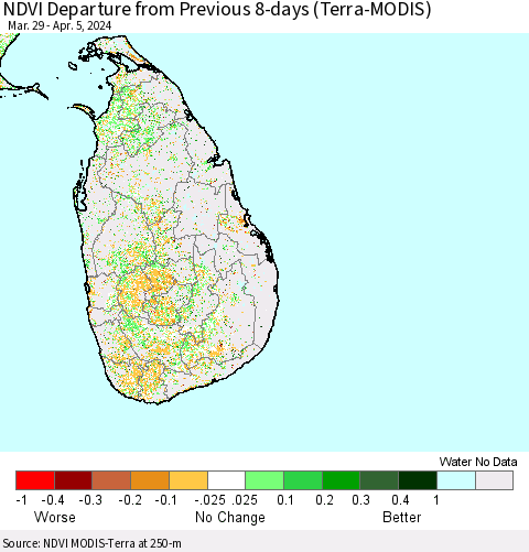 Sri Lanka NDVI Departure from Previous 8-days (Terra-MODIS) Thematic Map For 3/29/2024 - 4/5/2024