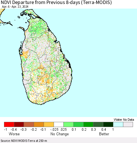 Sri Lanka NDVI Departure from Previous 8-days (Terra-MODIS) Thematic Map For 4/6/2024 - 4/13/2024