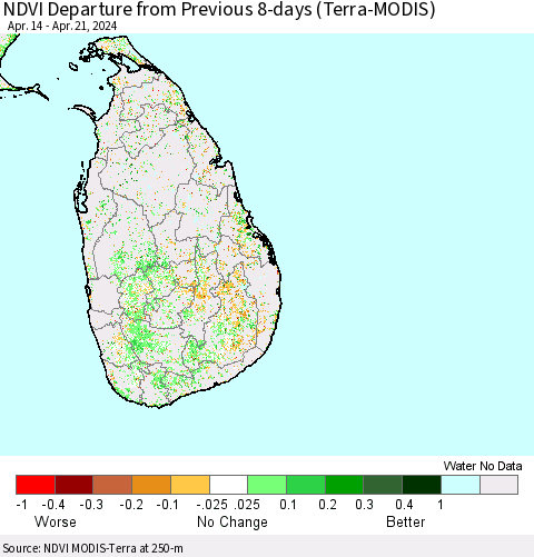 Sri Lanka NDVI Departure from Previous 8-days (Terra-MODIS) Thematic Map For 4/14/2024 - 4/21/2024