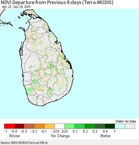 Sri Lanka NDVI Departure from Previous 8-days (Terra-MODIS) Thematic Map For 4/22/2024 - 4/29/2024
