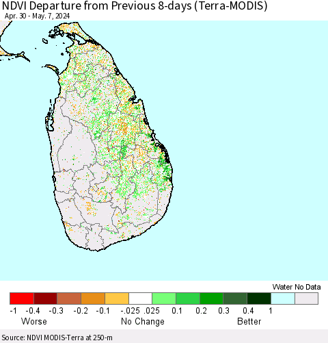 Sri Lanka NDVI Departure from Previous 8-days (Terra-MODIS) Thematic Map For 4/30/2024 - 5/7/2024