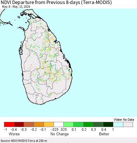 Sri Lanka NDVI Departure from Previous 8-days (Terra-MODIS) Thematic Map For 5/8/2024 - 5/15/2024