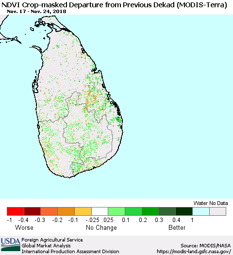 Sri Lanka Cropland NDVI Departure from Previous Dekad (Terra-MODIS) Thematic Map For 11/21/2018 - 11/30/2018