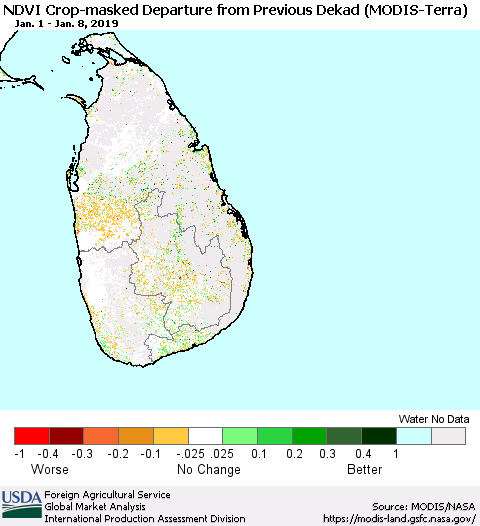 Sri Lanka Cropland NDVI Departure from Previous Dekad (Terra-MODIS) Thematic Map For 1/1/2019 - 1/10/2019