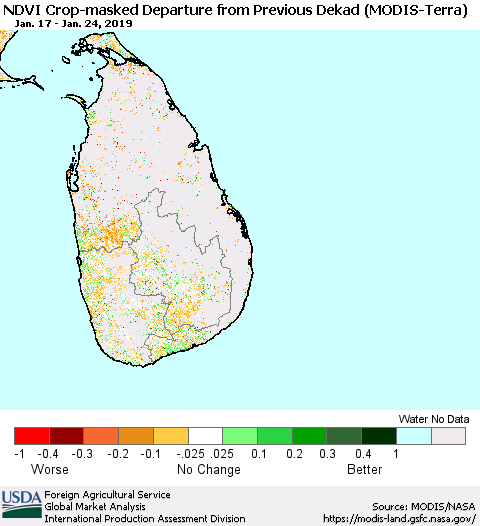 Sri Lanka Cropland NDVI Departure from Previous Dekad (Terra-MODIS) Thematic Map For 1/21/2019 - 1/31/2019