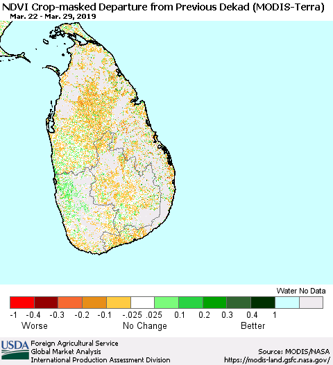 Sri Lanka Cropland NDVI Departure from Previous Dekad (Terra-MODIS) Thematic Map For 3/21/2019 - 3/31/2019