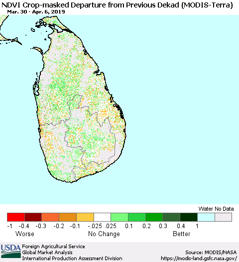 Sri Lanka Cropland NDVI Departure from Previous Dekad (Terra-MODIS) Thematic Map For 4/1/2019 - 4/10/2019