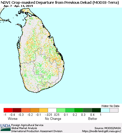 Sri Lanka Cropland NDVI Departure from Previous Dekad (Terra-MODIS) Thematic Map For 4/11/2019 - 4/20/2019