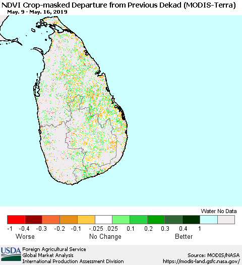 Sri Lanka Cropland NDVI Departure from Previous Dekad (Terra-MODIS) Thematic Map For 5/11/2019 - 5/20/2019