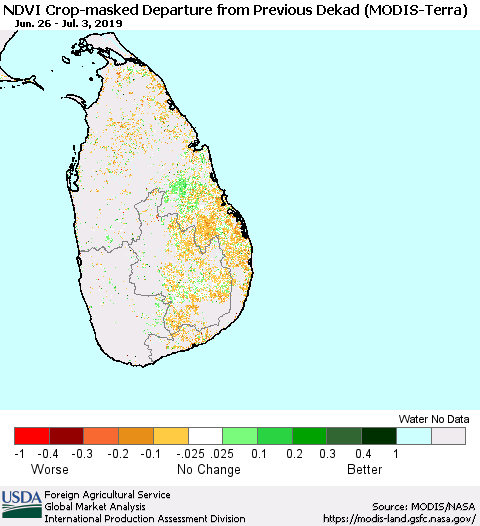 Sri Lanka Cropland NDVI Departure from Previous Dekad (Terra-MODIS) Thematic Map For 7/1/2019 - 7/10/2019