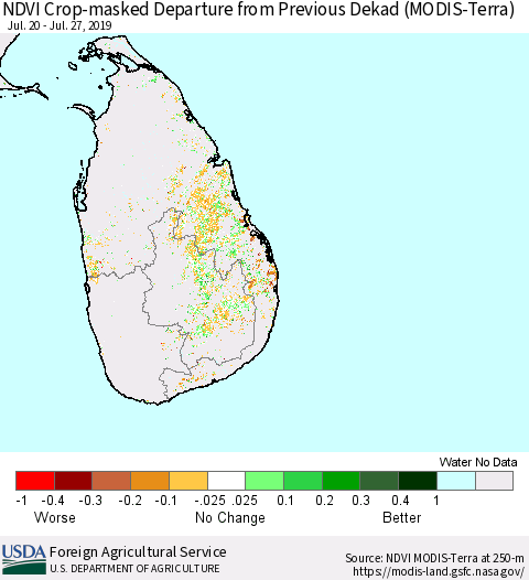Sri Lanka Cropland NDVI Departure from Previous Dekad (Terra-MODIS) Thematic Map For 7/21/2019 - 7/31/2019