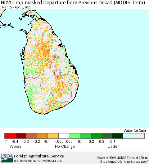 Sri Lanka Cropland NDVI Departure from Previous Dekad (Terra-MODIS) Thematic Map For 4/1/2020 - 4/10/2020