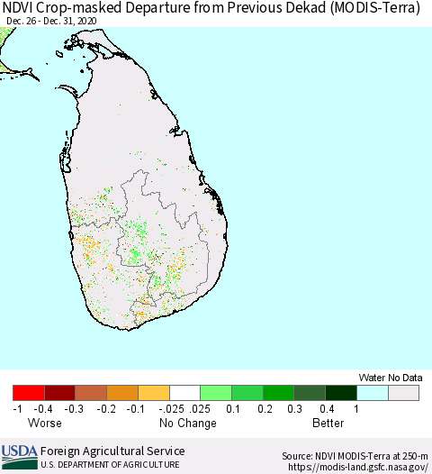 Sri Lanka NDVI Crop-masked Departure from Previous Dekad (MODIS-Terra) Thematic Map For 12/21/2020 - 12/31/2020