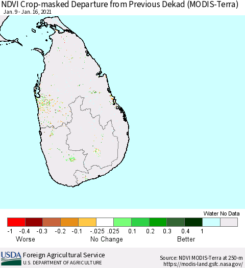Sri Lanka NDVI Crop-masked Departure from Previous Dekad (MODIS-Terra) Thematic Map For 1/11/2021 - 1/20/2021