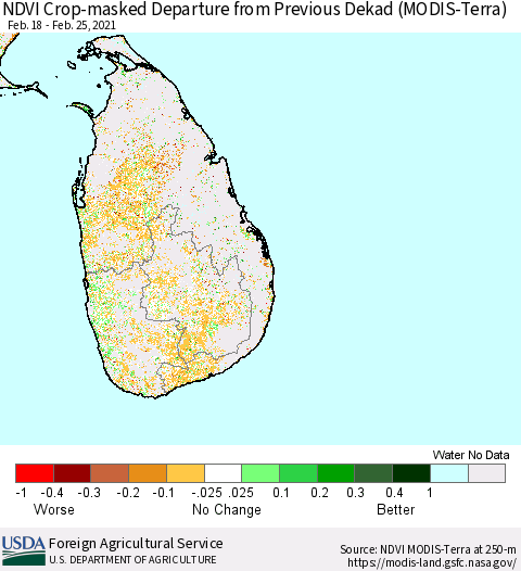 Sri Lanka NDVI Crop-masked Departure from Previous Dekad (MODIS-Terra) Thematic Map For 2/21/2021 - 2/28/2021