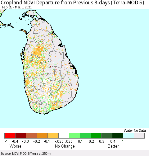 Sri Lanka Cropland NDVI Departure from Previous 8-days (Terra-MODIS) Thematic Map For 2/26/2021 - 3/5/2021