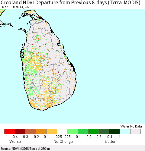 Sri Lanka Cropland NDVI Departure from Previous 8-days (Terra-MODIS) Thematic Map For 3/6/2021 - 3/13/2021