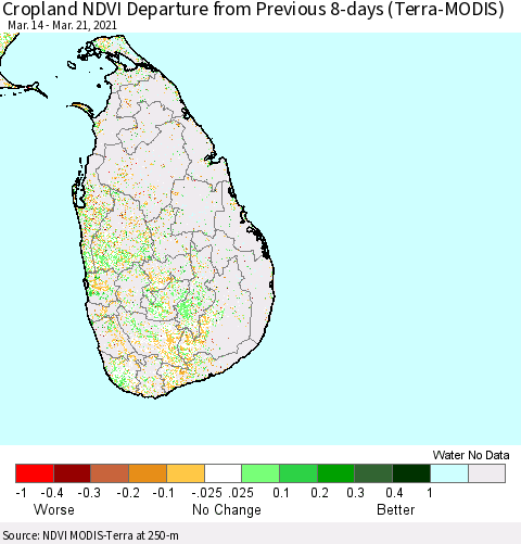 Sri Lanka Cropland NDVI Departure from Previous 8-days (Terra-MODIS) Thematic Map For 3/14/2021 - 3/21/2021