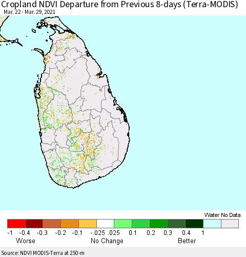 Sri Lanka Cropland NDVI Departure from Previous 8-days (Terra-MODIS) Thematic Map For 3/22/2021 - 3/29/2021