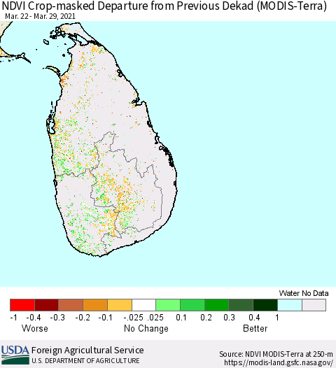 Sri Lanka NDVI Crop-masked Departure from Previous Dekad (MODIS-Terra) Thematic Map For 3/21/2021 - 3/31/2021
