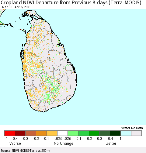 Sri Lanka Cropland NDVI Departure from Previous 8-days (Terra-MODIS) Thematic Map For 3/30/2021 - 4/6/2021