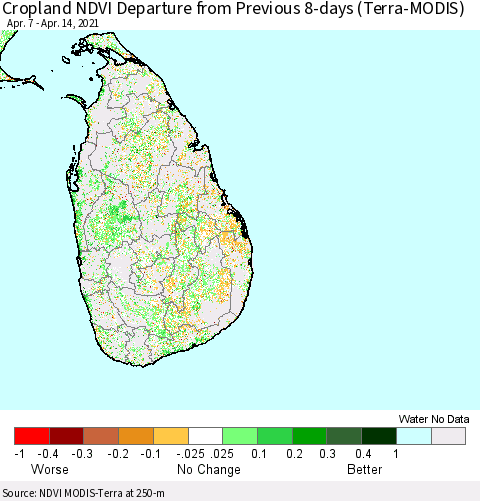 Sri Lanka Cropland NDVI Departure from Previous 8-days (Terra-MODIS) Thematic Map For 4/7/2021 - 4/14/2021