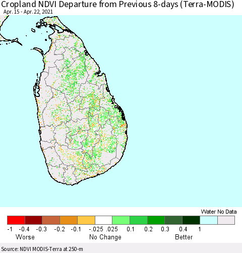 Sri Lanka Cropland NDVI Departure from Previous 8-days (Terra-MODIS) Thematic Map For 4/15/2021 - 4/22/2021