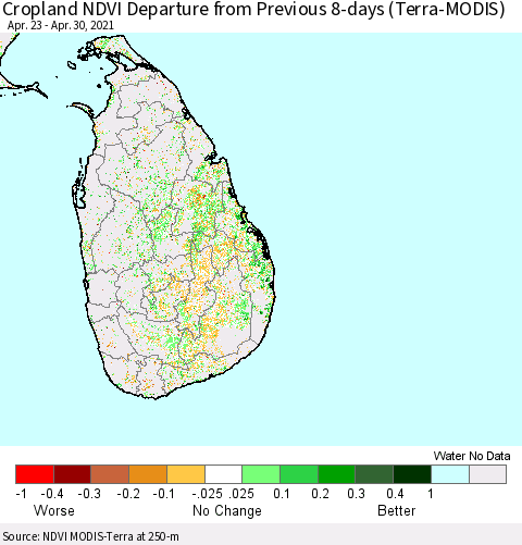 Sri Lanka NDVI Crop-masked Departure from Previous Dekad (MODIS-Terra) Thematic Map For 4/21/2021 - 4/30/2021