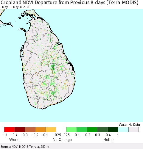 Sri Lanka Cropland NDVI Departure from Previous 8-days (Terra-MODIS) Thematic Map For 5/1/2021 - 5/8/2021