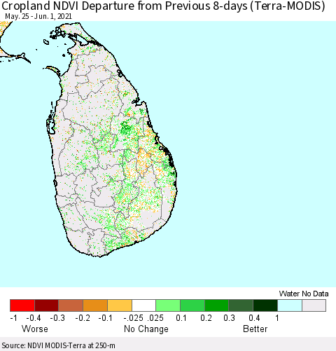 Sri Lanka Cropland NDVI Departure from Previous 8-days (Terra-MODIS) Thematic Map For 5/25/2021 - 6/1/2021