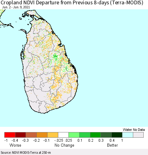 Sri Lanka Cropland NDVI Departure from Previous 8-days (Terra-MODIS) Thematic Map For 6/2/2021 - 6/9/2021