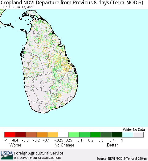 Sri Lanka Cropland NDVI Departure from Previous 8-days (Terra-MODIS) Thematic Map For 6/10/2021 - 6/17/2021
