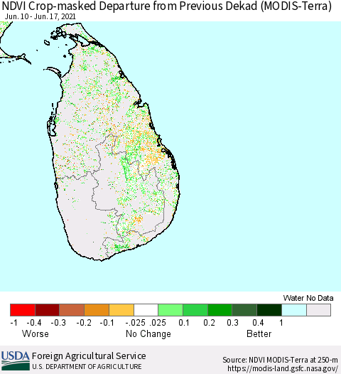 Sri Lanka Cropland NDVI Departure from Previous Dekad (Terra-MODIS) Thematic Map For 6/11/2021 - 6/20/2021