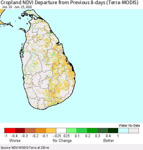 Sri Lanka Cropland NDVI Departure from Previous 8-days (Terra-MODIS) Thematic Map For 6/18/2021 - 6/25/2021