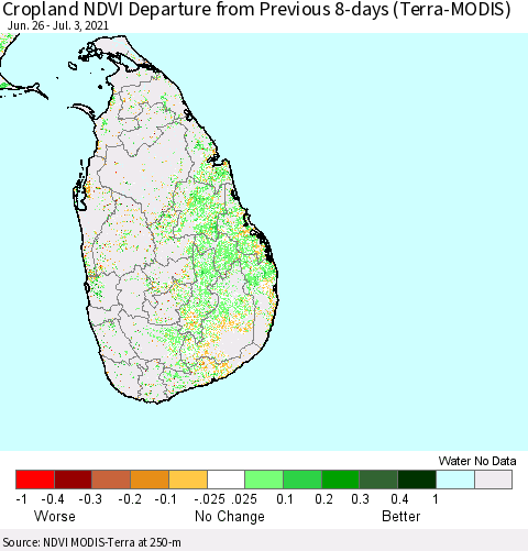 Sri Lanka Cropland NDVI Departure from Previous 8-days (Terra-MODIS) Thematic Map For 6/26/2021 - 7/3/2021