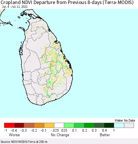 Sri Lanka Cropland NDVI Departure from Previous 8-days (Terra-MODIS) Thematic Map For 7/4/2021 - 7/11/2021
