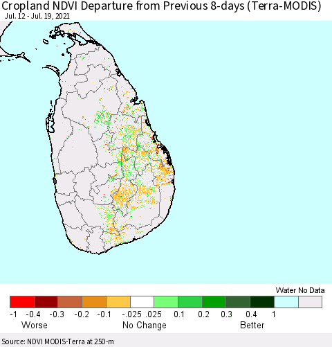 Sri Lanka Cropland NDVI Departure from Previous 8-days (Terra-MODIS) Thematic Map For 7/12/2021 - 7/19/2021