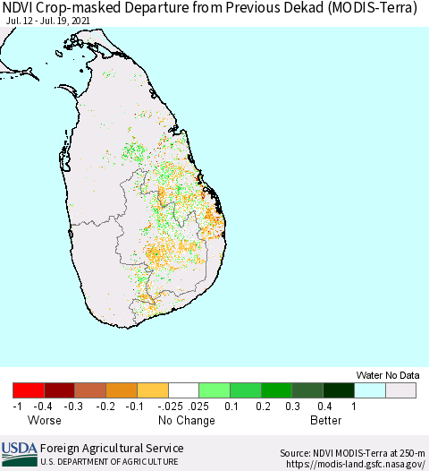 Sri Lanka Cropland NDVI Departure from Previous Dekad (Terra-MODIS) Thematic Map For 7/11/2021 - 7/20/2021