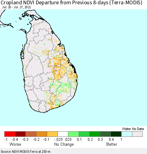 Sri Lanka Cropland NDVI Departure from Previous 8-days (Terra-MODIS) Thematic Map For 7/20/2021 - 7/27/2021