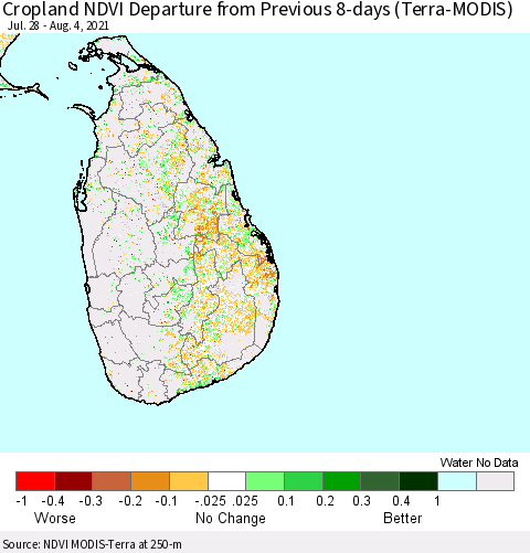 Sri Lanka Cropland NDVI Departure from Previous 8-days (Terra-MODIS) Thematic Map For 7/28/2021 - 8/4/2021