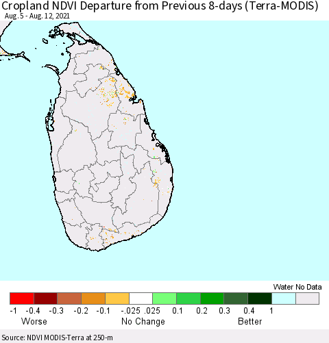 Sri Lanka Cropland NDVI Departure from Previous 8-days (Terra-MODIS) Thematic Map For 8/5/2021 - 8/12/2021